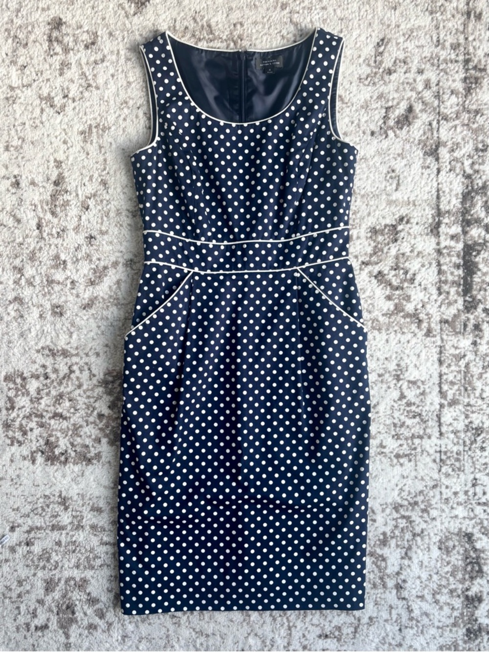 Tahari ASL Navy Polka Dot Sleeveless Sheath Dress with White Piping